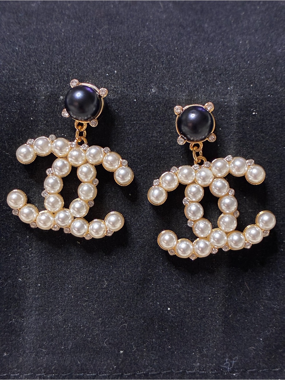 Double C Pearl and Crystal Logo Drop Swing Earrings